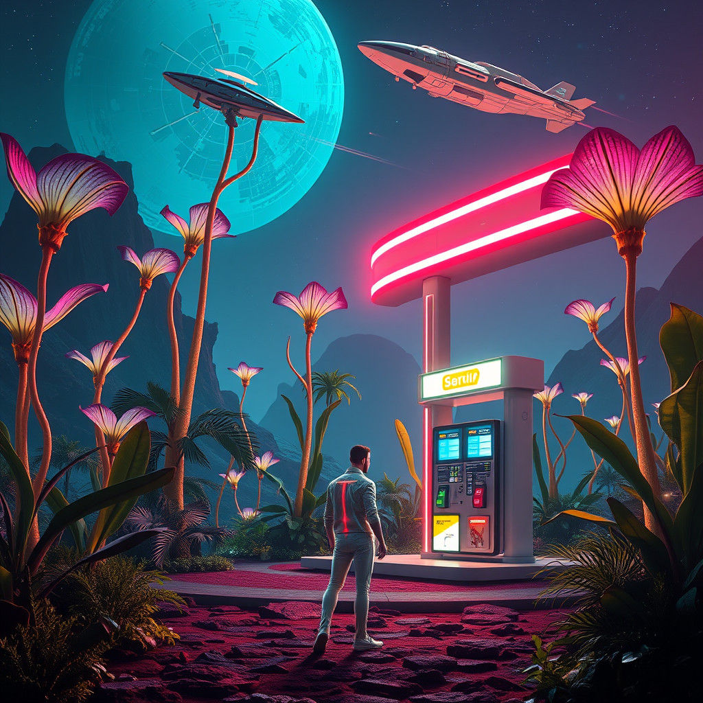 intergalactic gas station on a planet with plants replacing gas pumps.