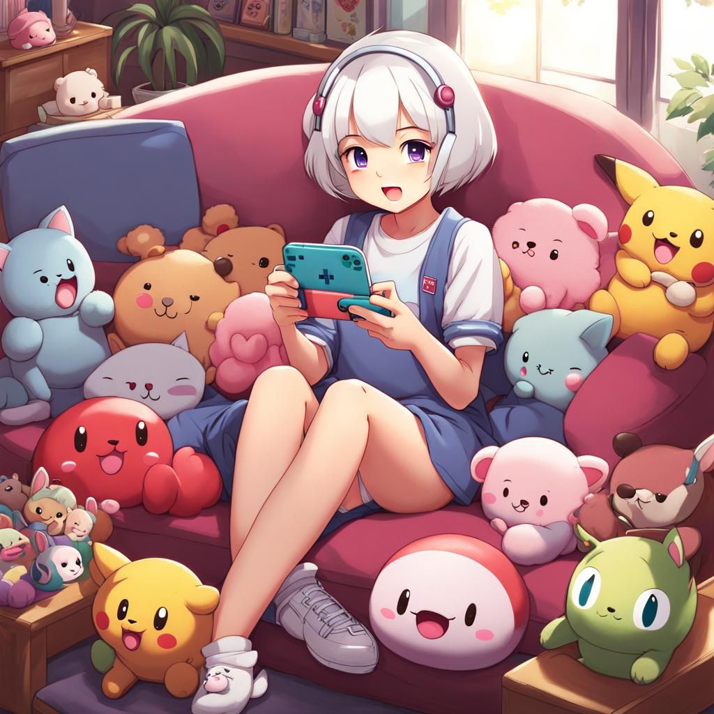 Girl Playing Nintendo Switch with Plush Toys, Anime Style