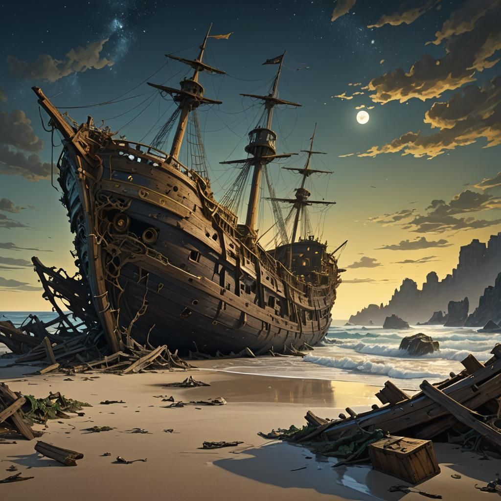 Moonlit Shipwreck: Dark Fantasy Digital Painting