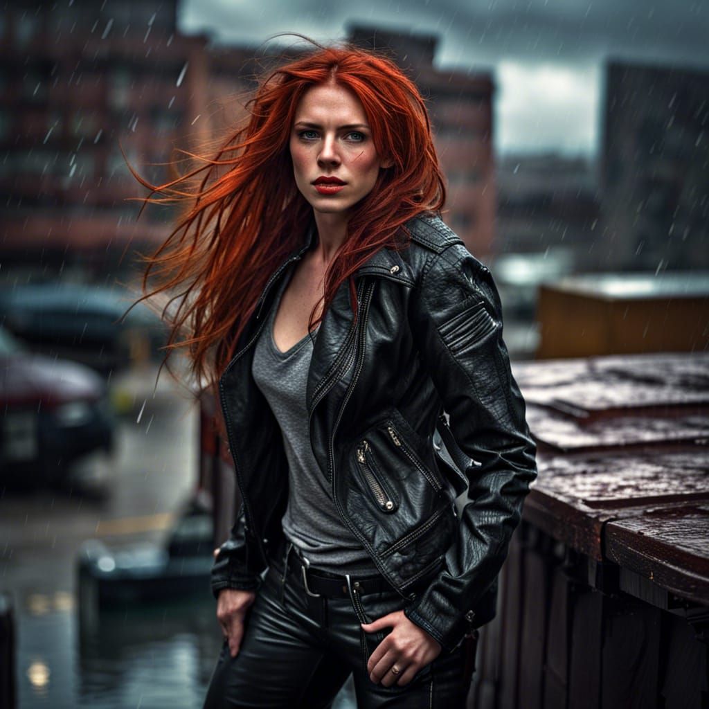 Scared Rockstar Girl Crouching on Stormy Rooftop