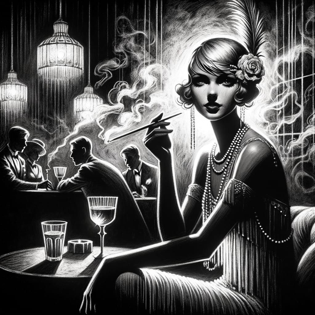 Flapper Girl in Dim Speakeasy with Dark Fantasy Twist