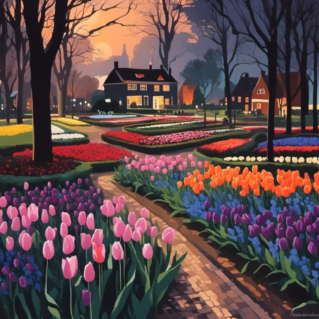 Keukenhof Tulip Garden at Night in Cel Style