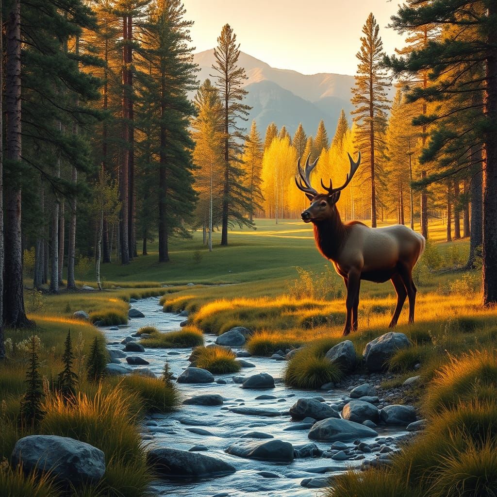 Serenic Ponderosa Pine Forest with Bull Elk in Golden Hour L...