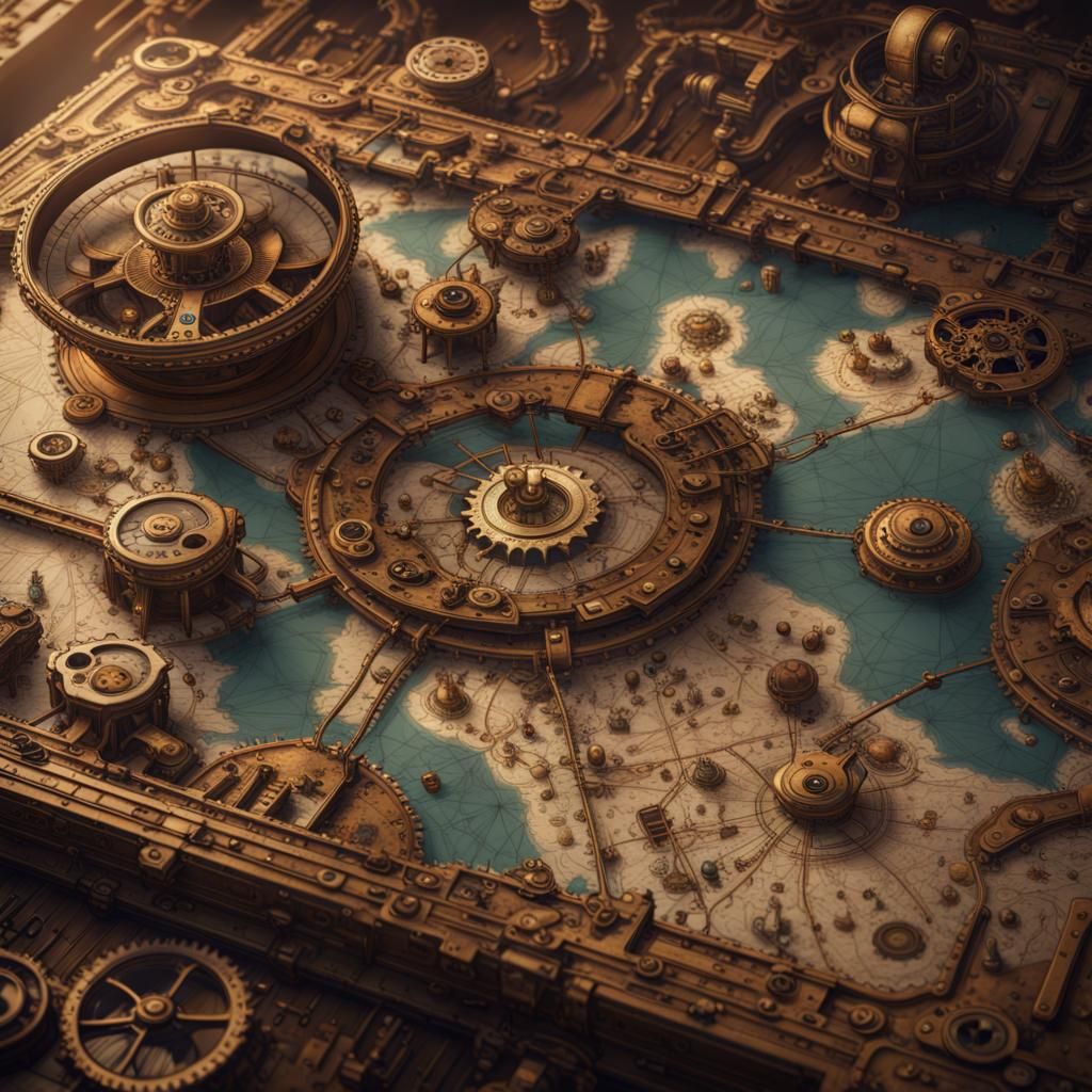 Steampunk Map with Clockwork Mechanisms and Airship Routes