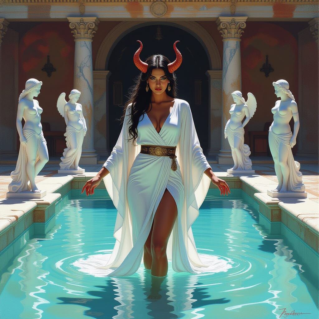 Tiefling Emerges from Roman Bathhouse Pool