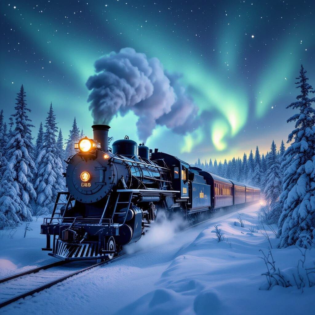 Aurora Express Steam Train Through Snowy Forest Under Northe...