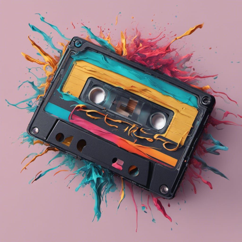 80s retro cassette tape, unravelling, with a pencil , hyper realistic, 3k, 8k