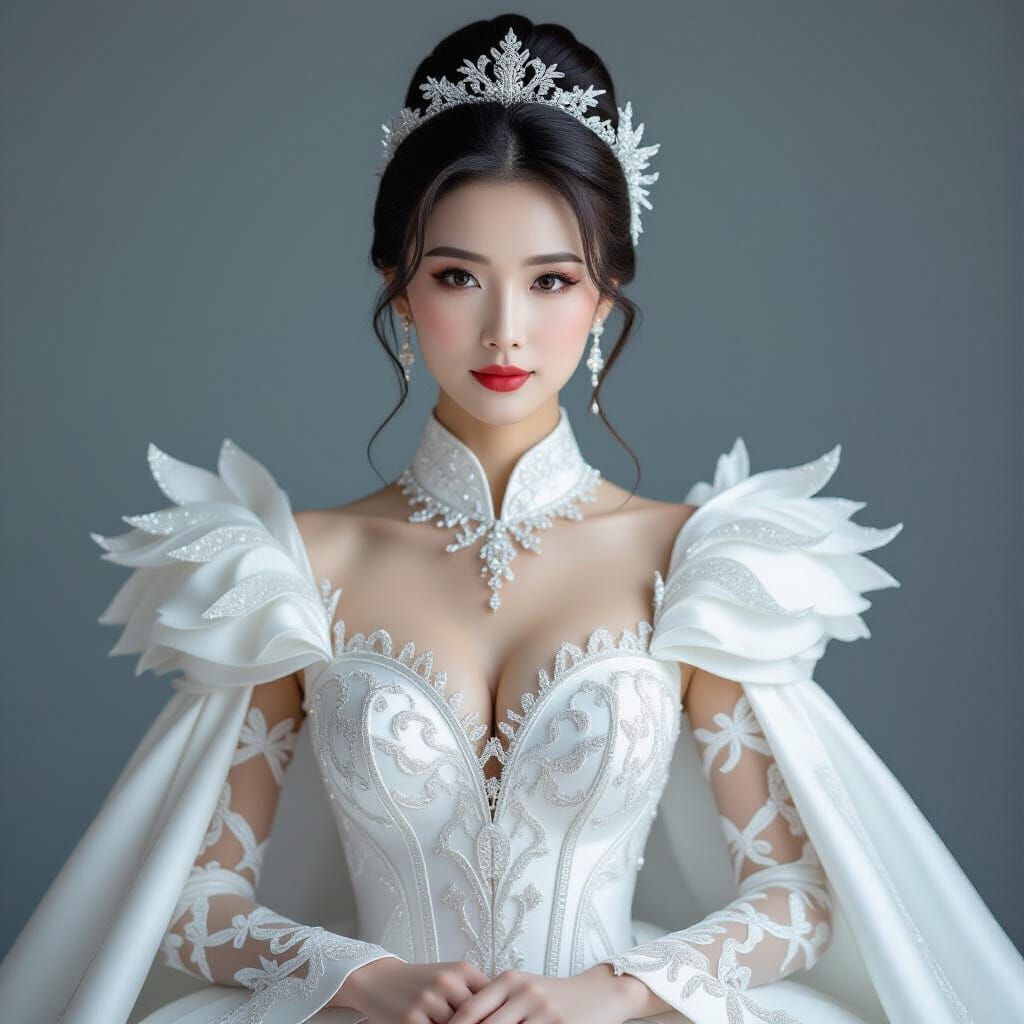 Futuristic Chinese Woman in Silver and Cream Outfit