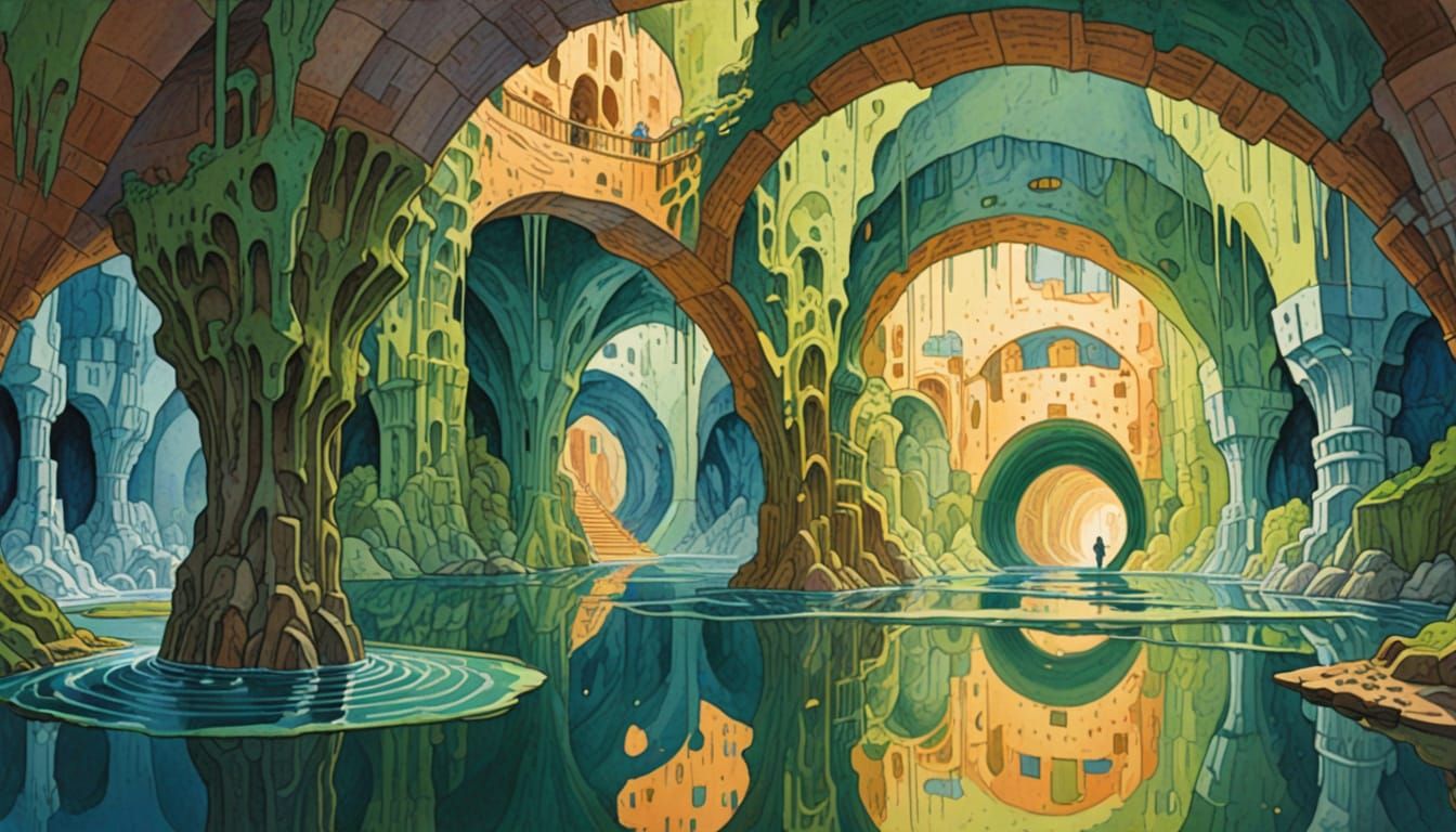 Vast Underground City with Waterfalls in Watercolor Style