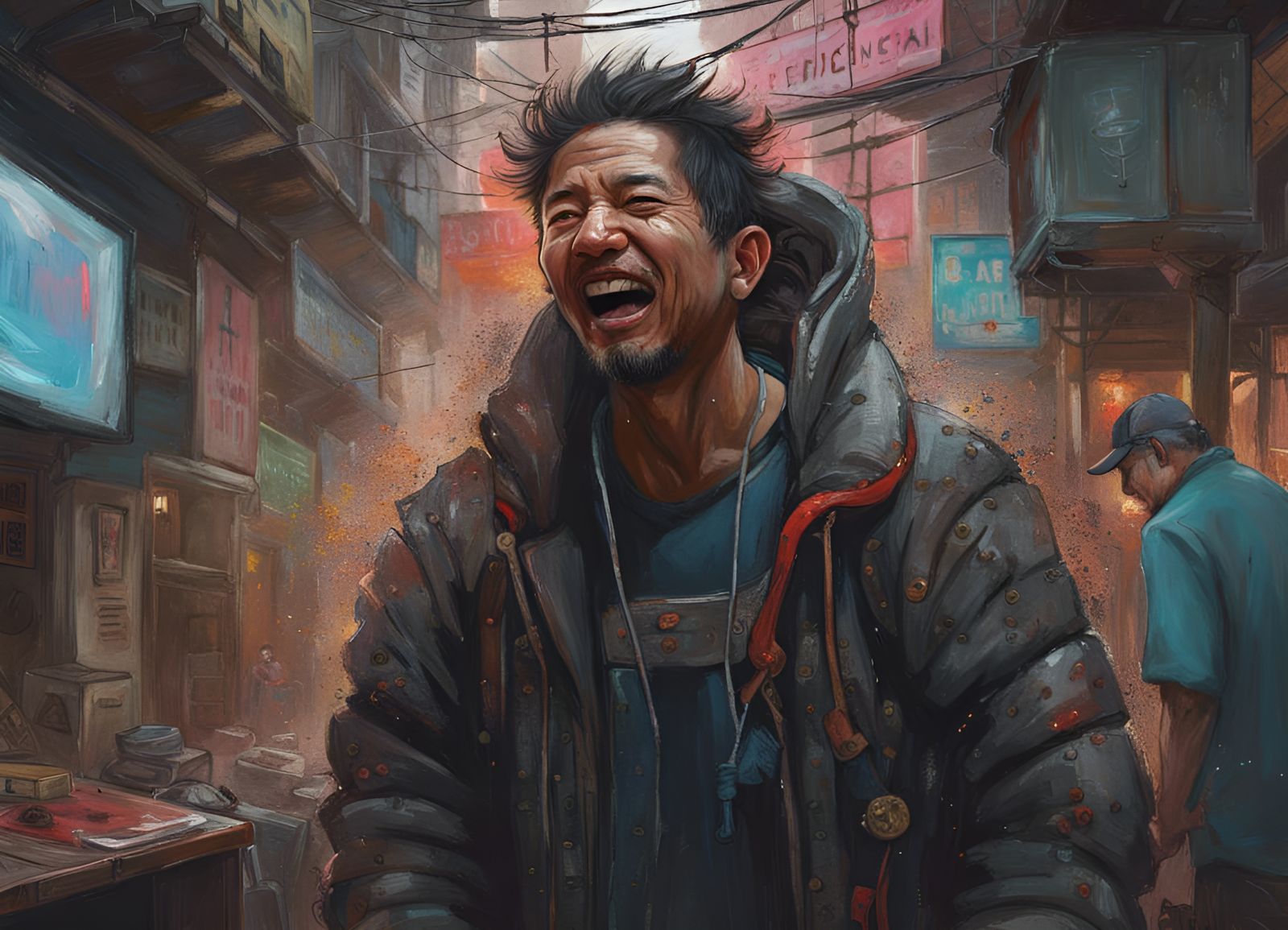 Man Experiencing Joy in Cyberpunk Style