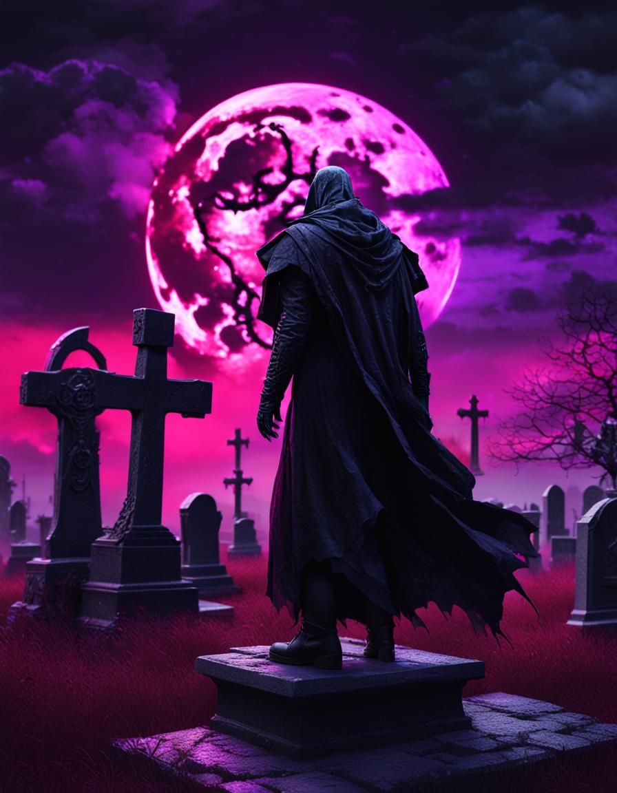 Graveyard Figure Under Neon Moon in Detailed Matte Painting