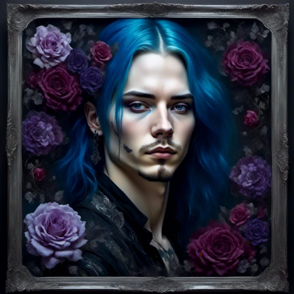 Gothic Man Portrait with Blue and Purple Flowers