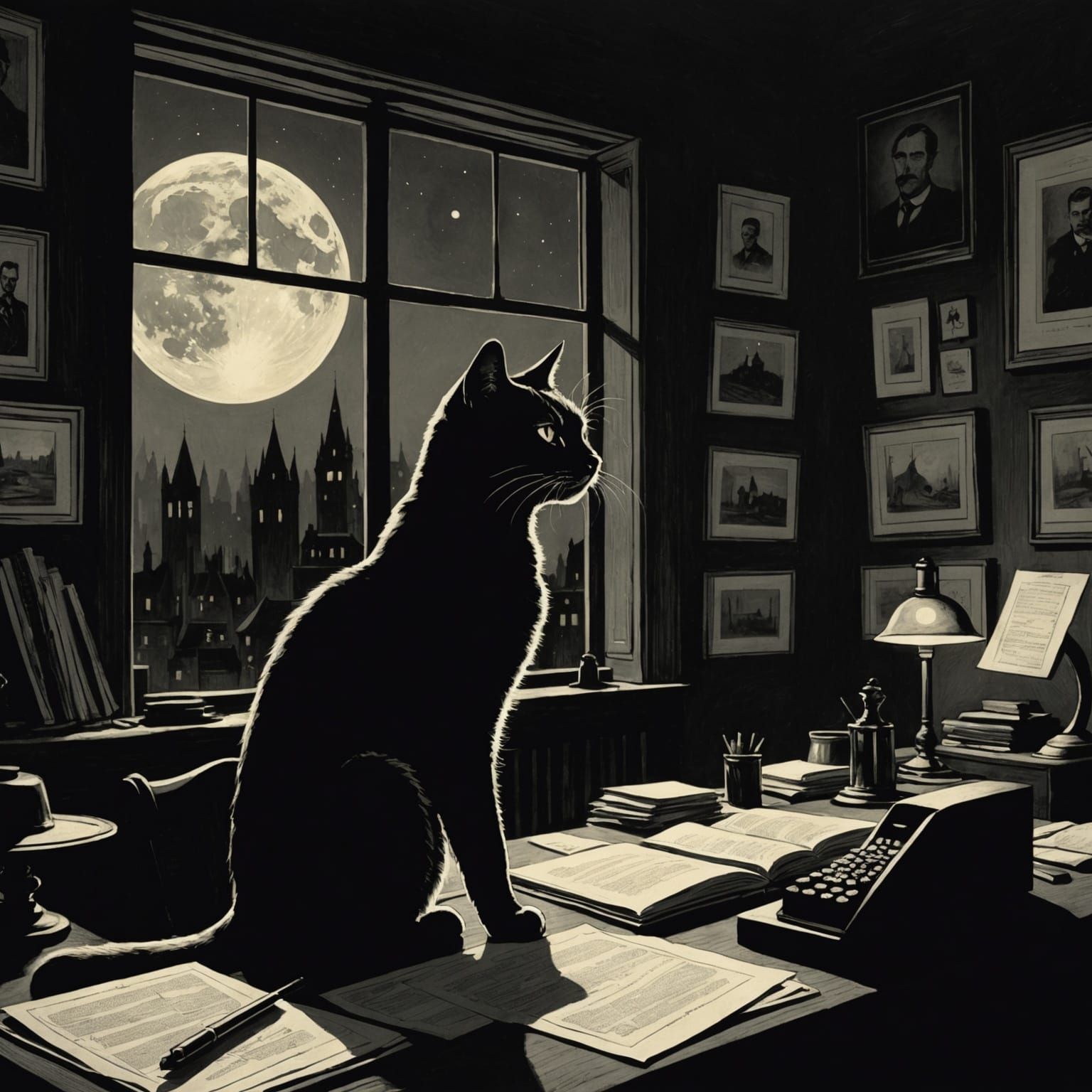 art by Théophile Steinlen, cat detective in a dimly lit noir...