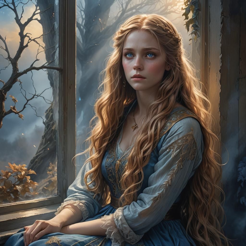 Troubled Woman Gazing from Misty Window