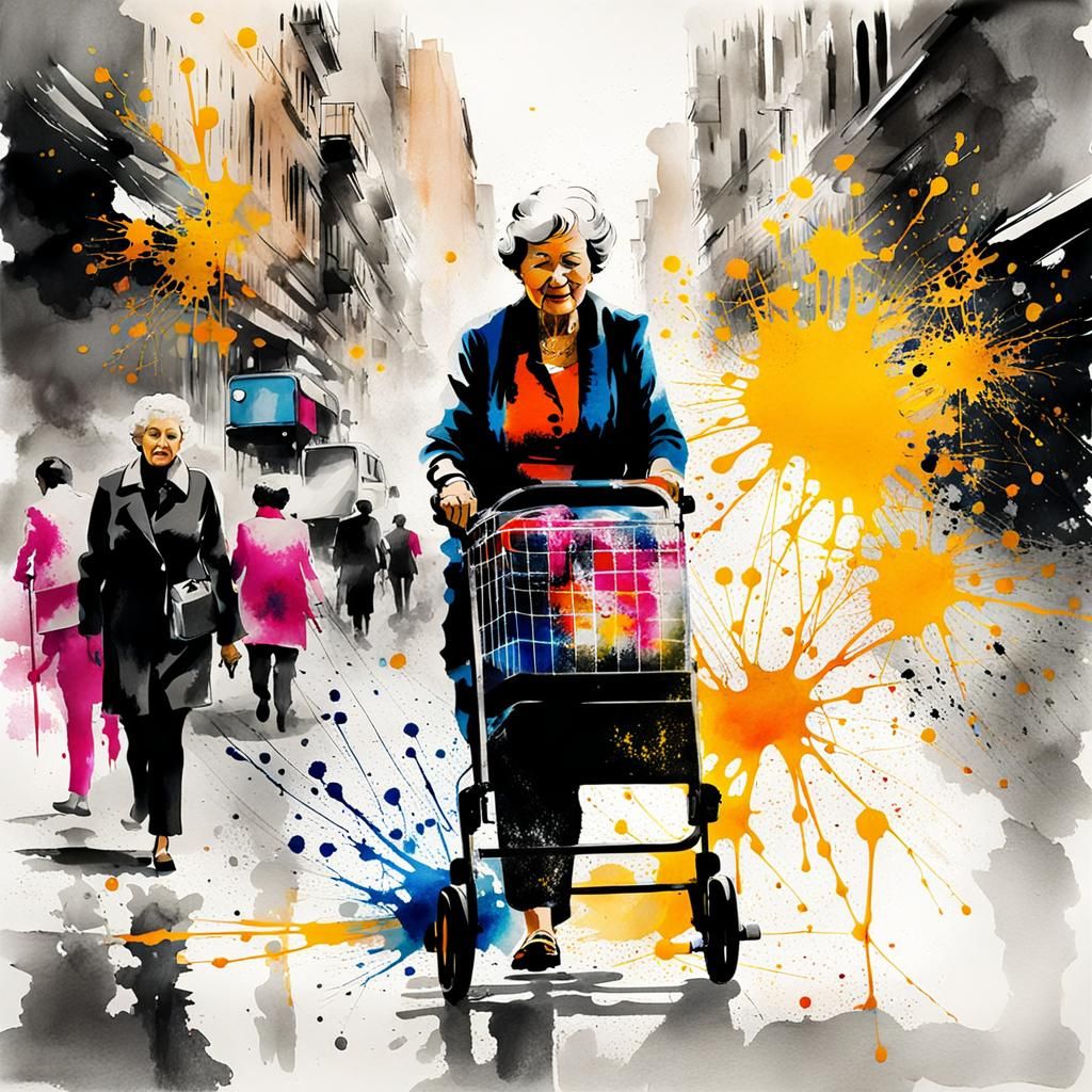 Ink Splatter Art: Elderly Woman with Rollator
