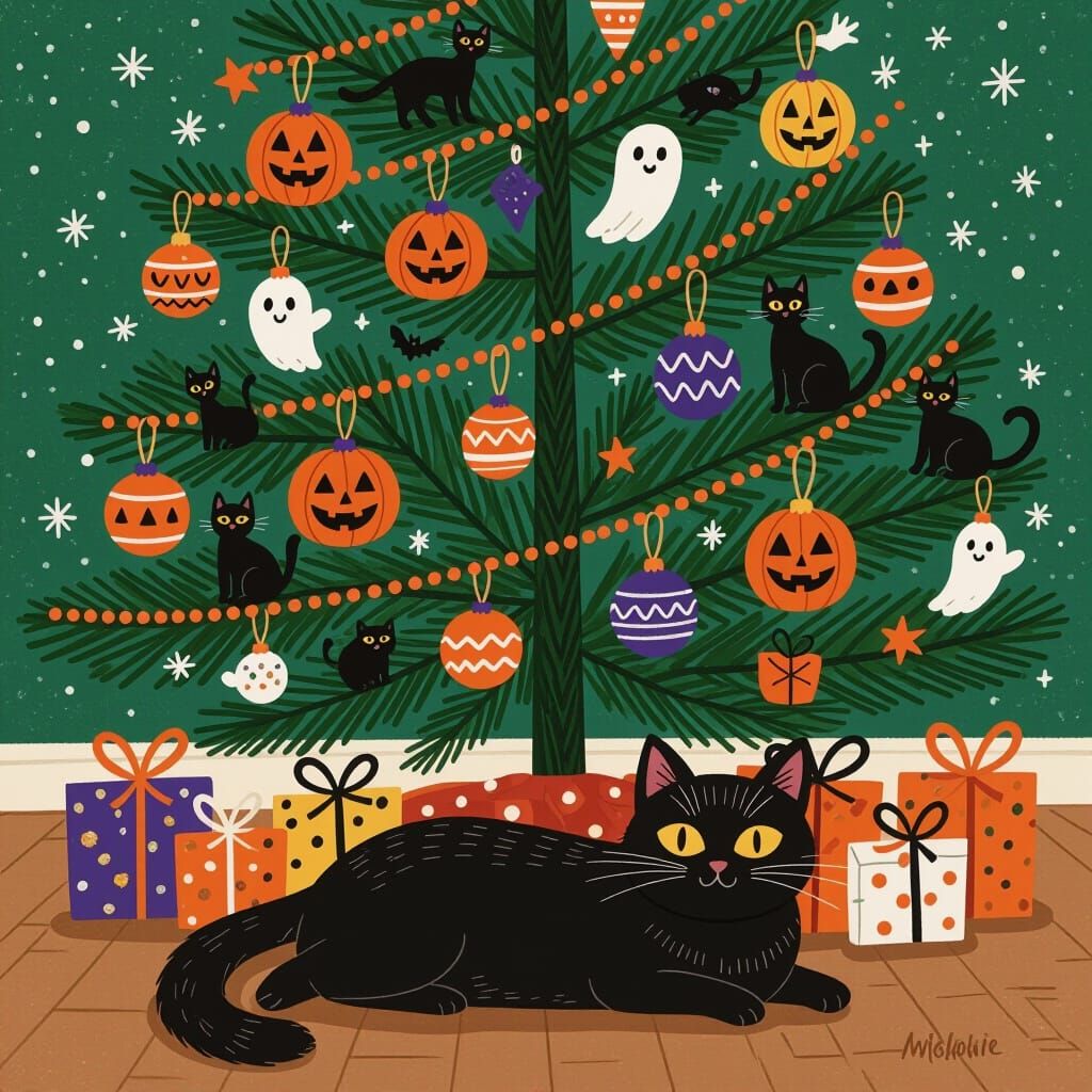 Halloween Tree with Black Cat Illustration