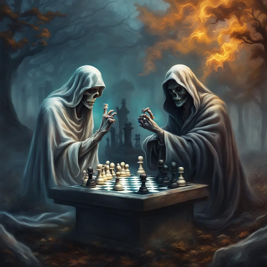Ghosts Play Chess in Graveyard: Hyperrealistic Concept Art