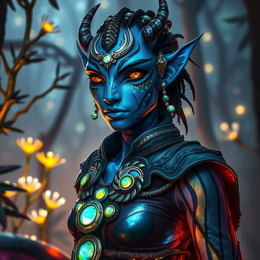 Navi Man Amidst Pandora's Glowing Flora in Organic Attire