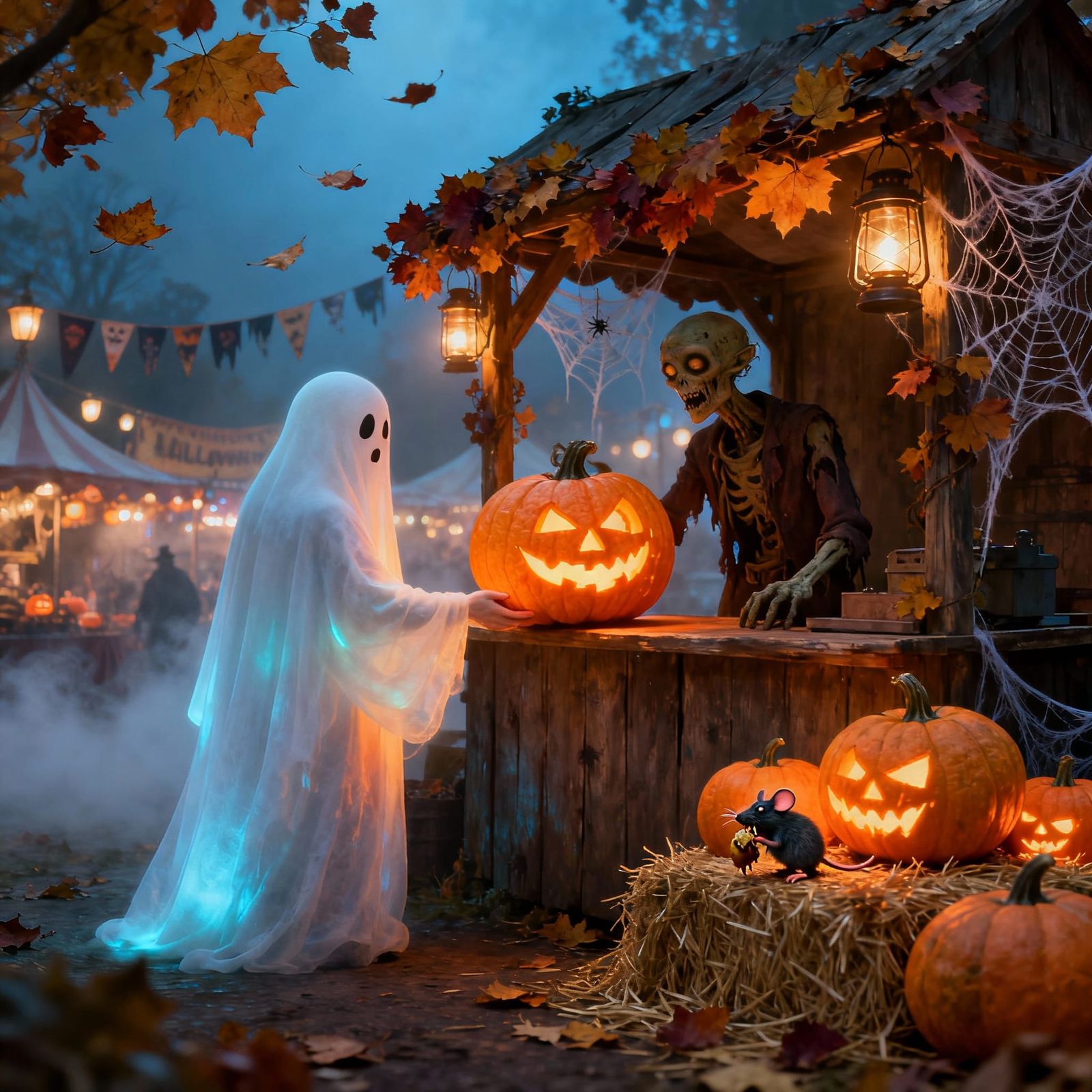 Spooky Autumn Fair Scene With Friendly Ghost and Glowing Pum...