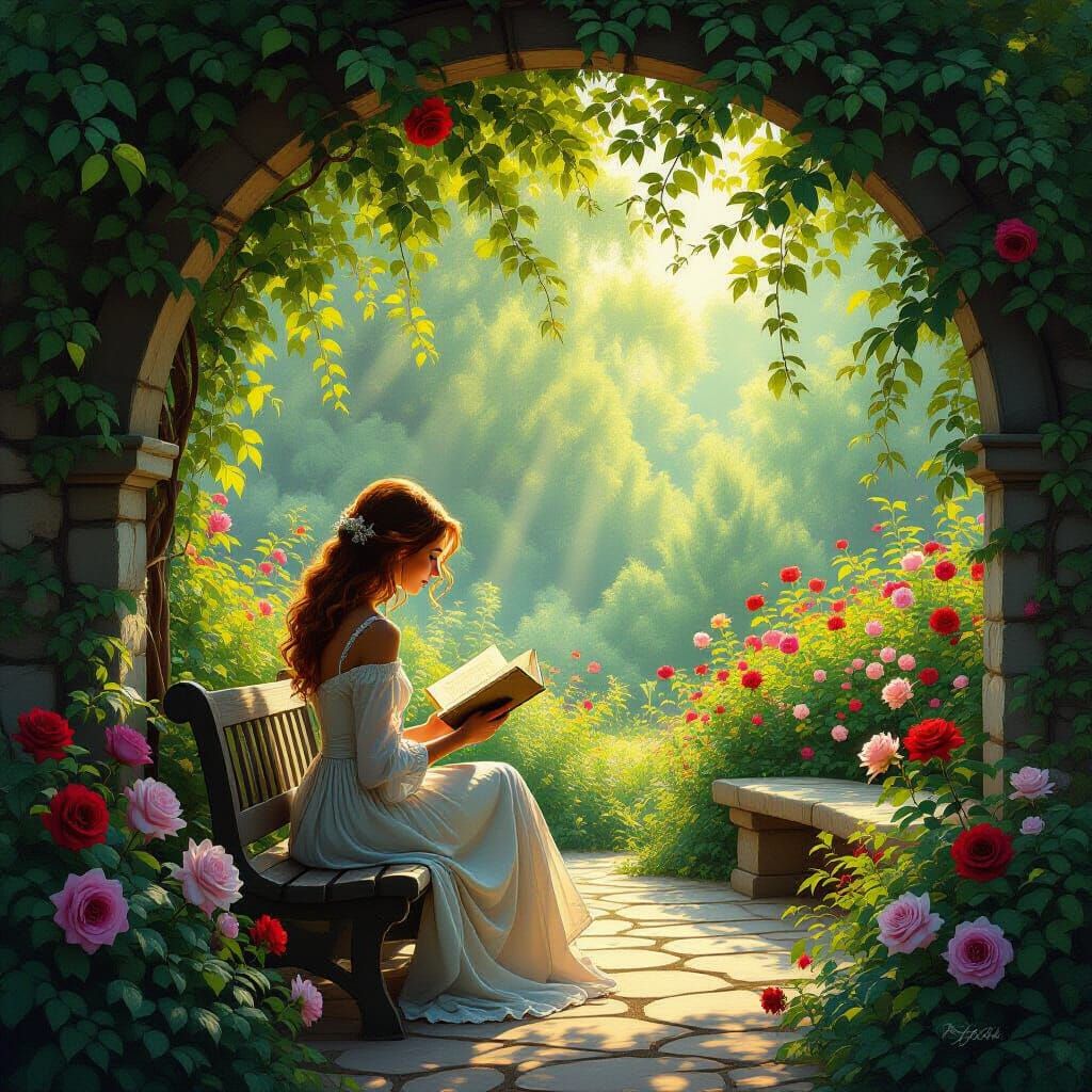 Woman Reading in Lush Garden Amidst Sunlight