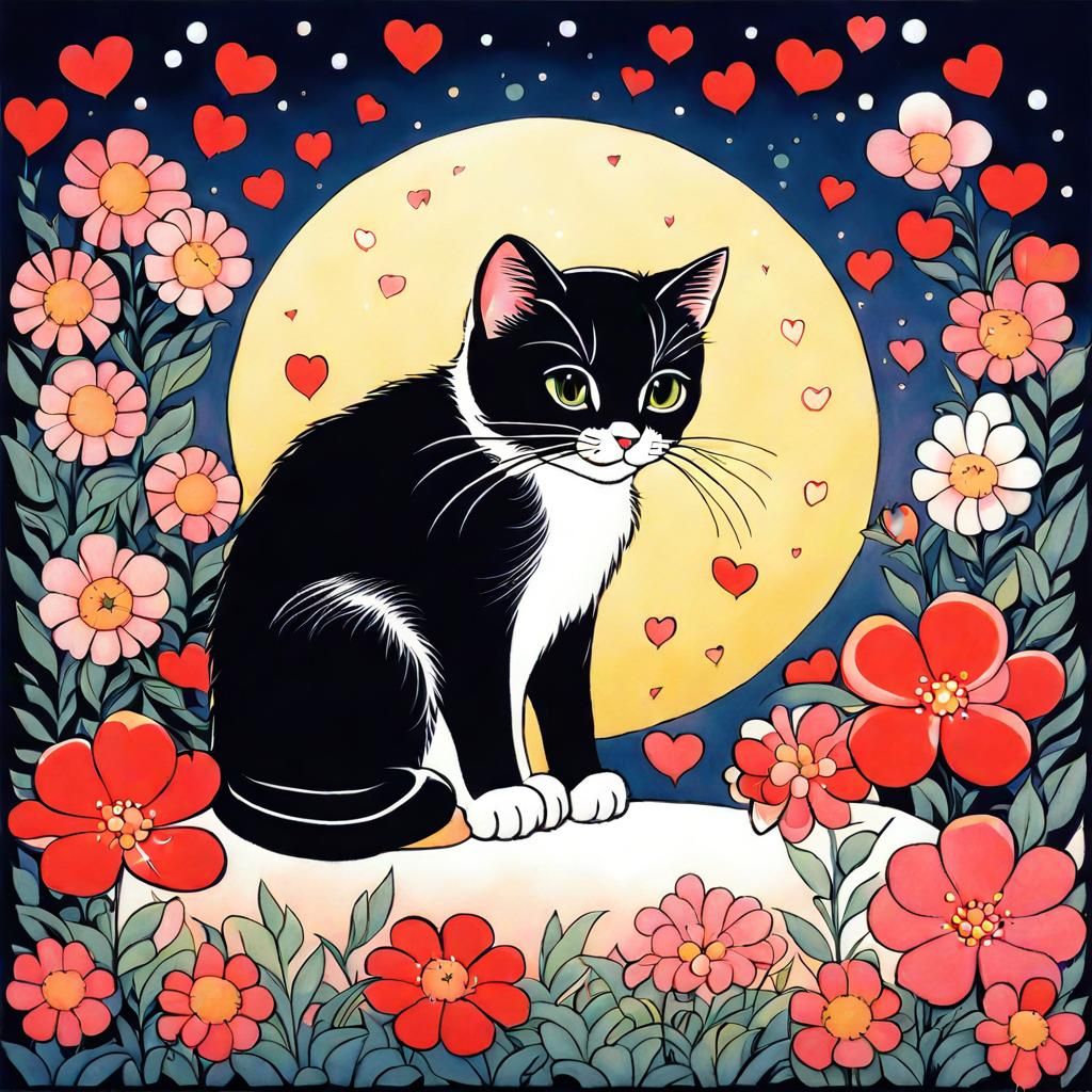 Cute Cat Surrounded by Flowers in Manga Style