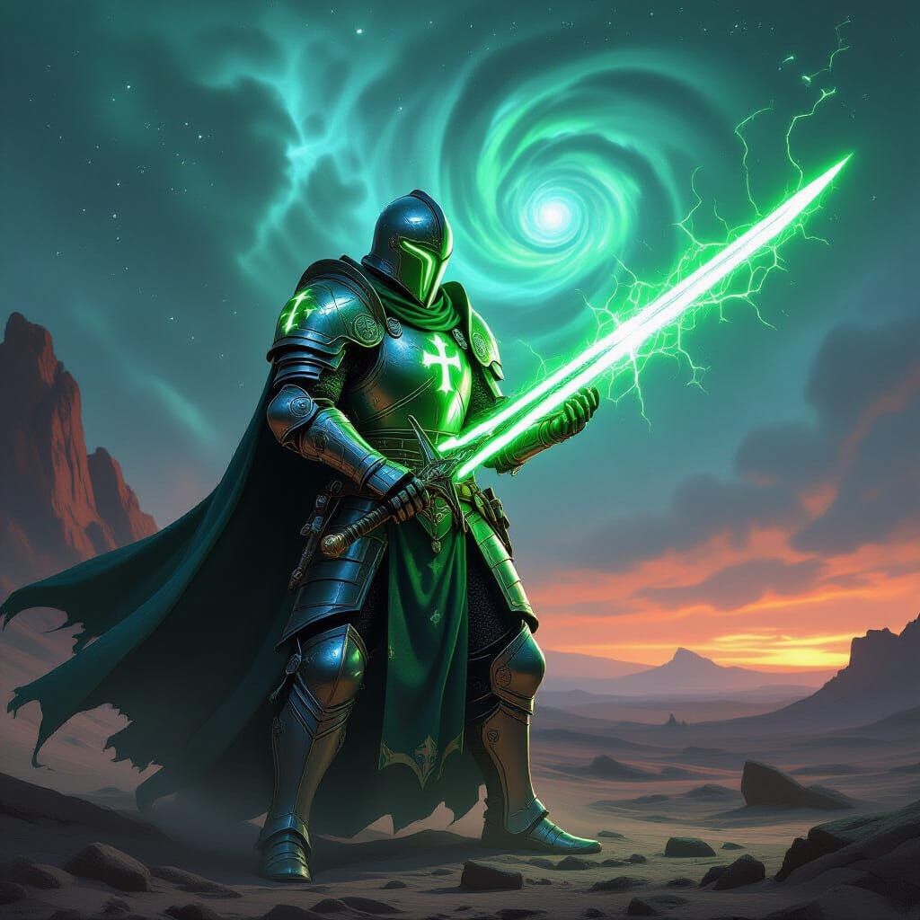 Knight Templar Wields Green Energy Sword on Alien Planet