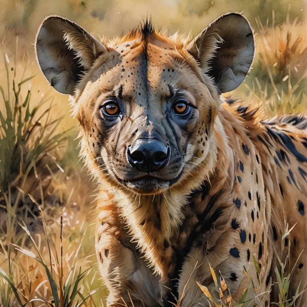 Watercolor Hyena Portrait in Golden Savannah Light
