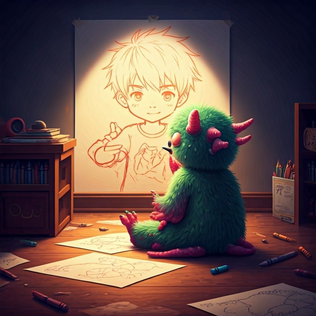 Cute Monster Draws Anime Boy in Bedroom