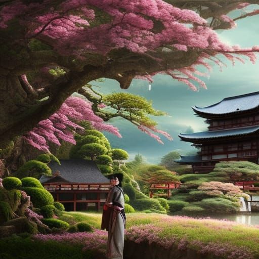 Cinematic Japan Scene with Blossoms and Artifacts