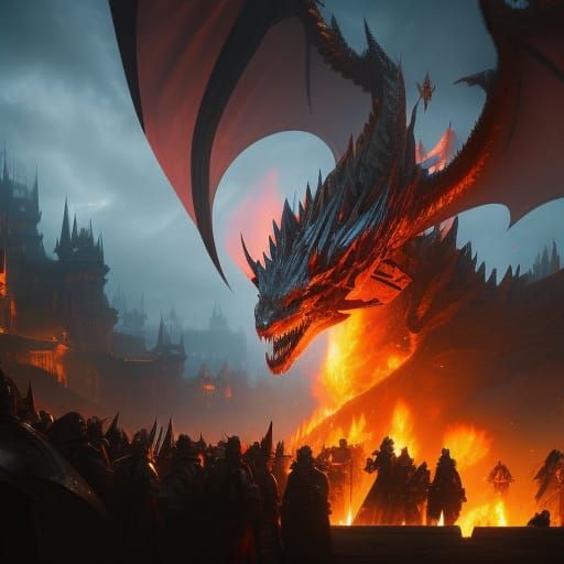 Knights Challenge Dragon in Burning Lake-town