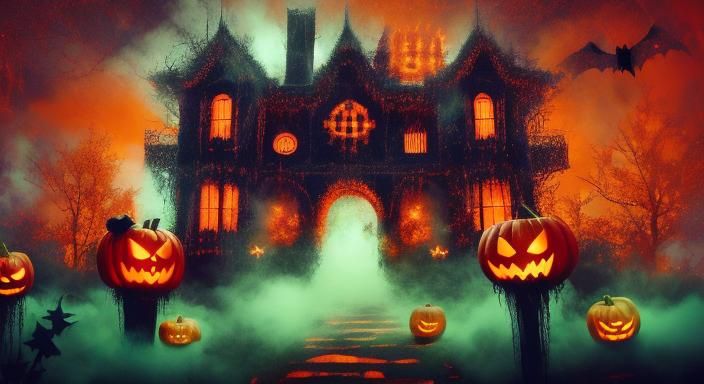 Halloween Mansion in Gloomy, Colorful Lights