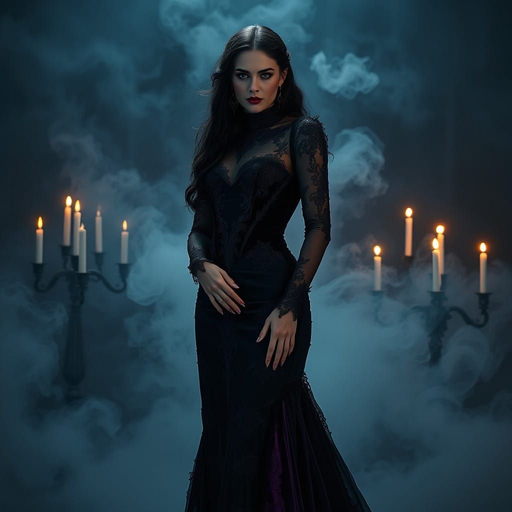 Gothic Vampire Queen in Mysterious Misty Setting