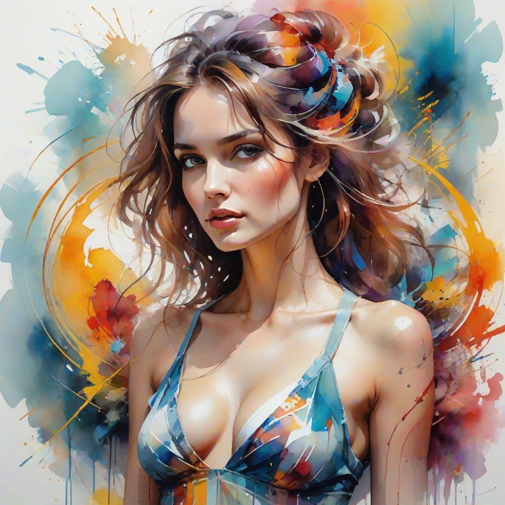 Woman in Vibrant Attire with Abstract Swirls