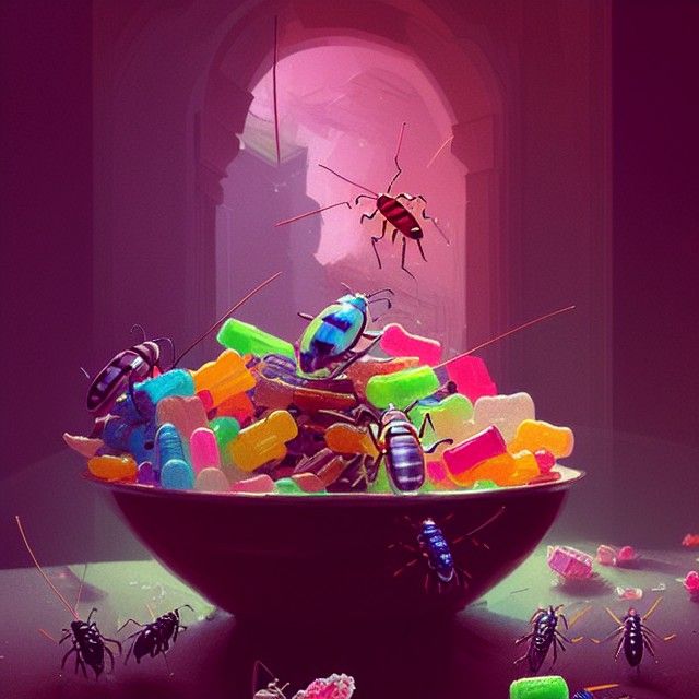 Candy Bowl with Bugs: Digital Illustration