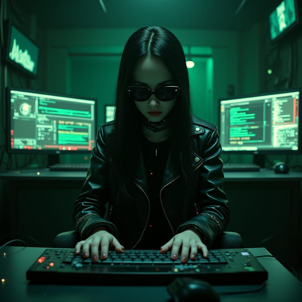 Wednesday Addams in Cyberpunk Hacker's Lair