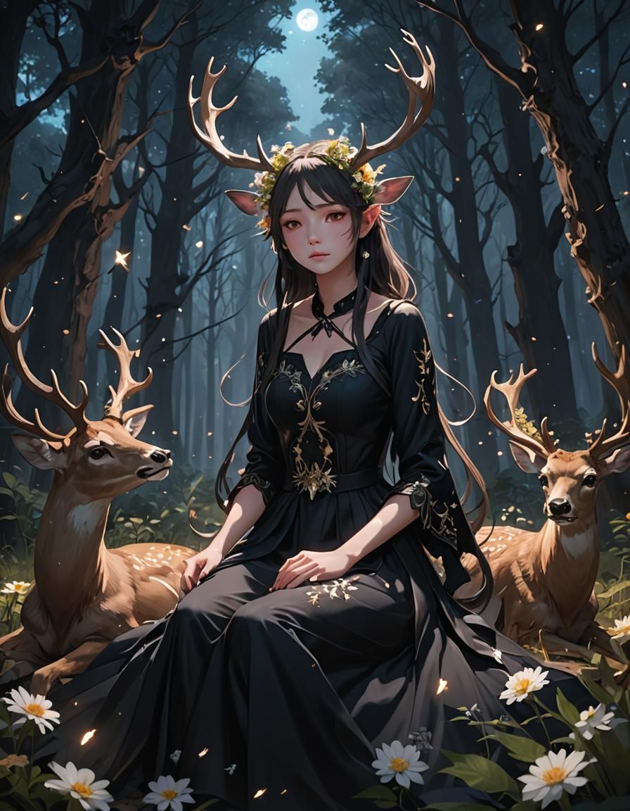 A girl with deer antlers.