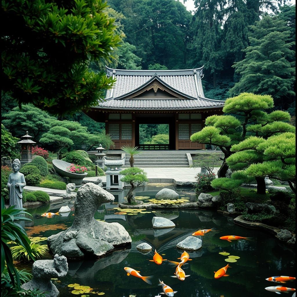 Serenely Elegant Japanese Temple Amidst a Vibrant Garden