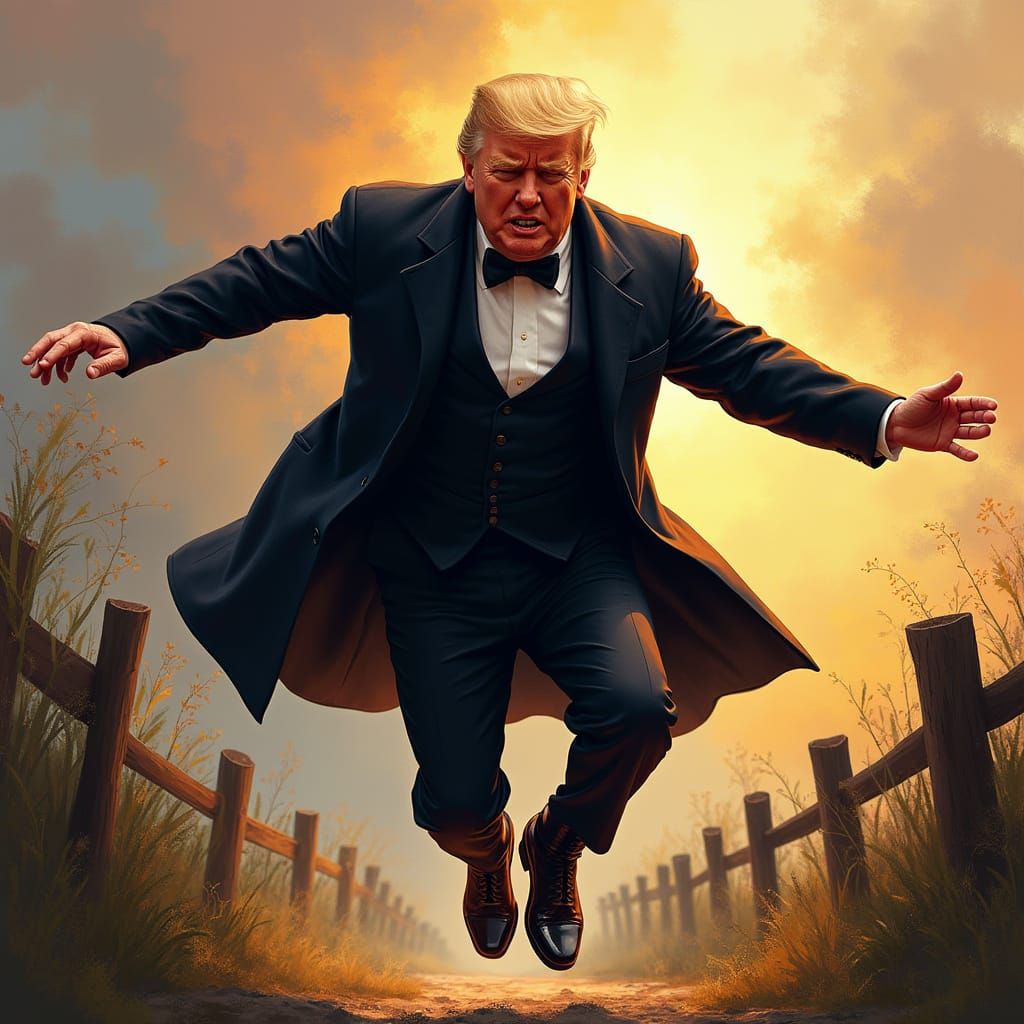 Hyperrealistic Portrait of Trump in Butler's Coat Leaping Fe...