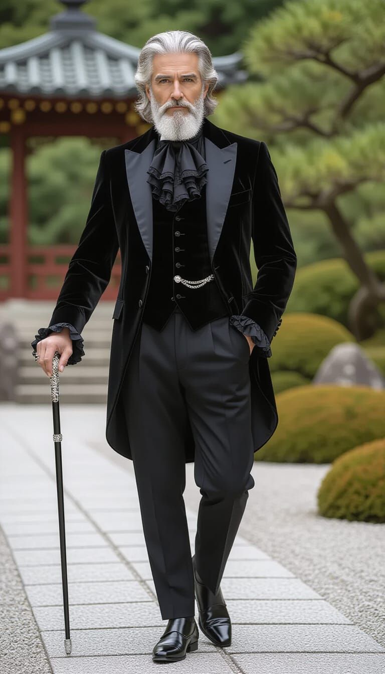 Elegant Gothic Ouji Fashion in Japanese Garden