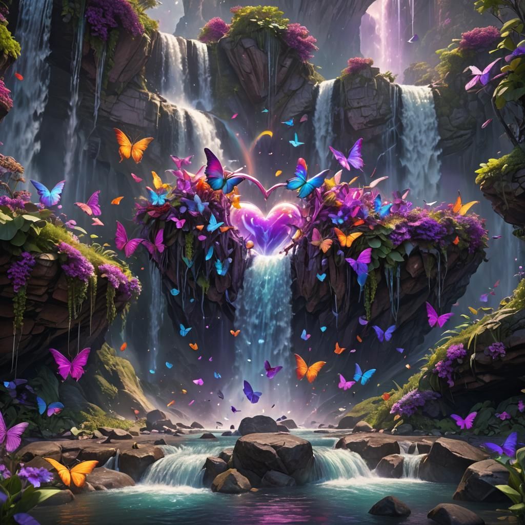 Rainbow Heart Waterfall with Butterflies in Fantasy Art