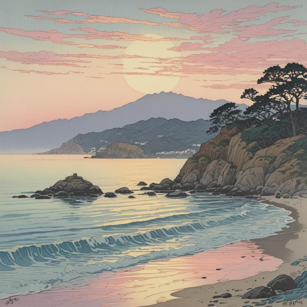 Catalina Island Dawn: Hiroshi Yoshida Style Woodblock