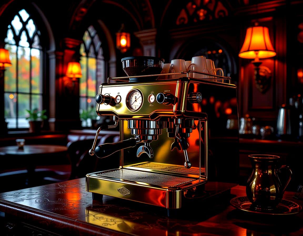 Steampunk Espresso Machine in Gothic Autumn Cafe