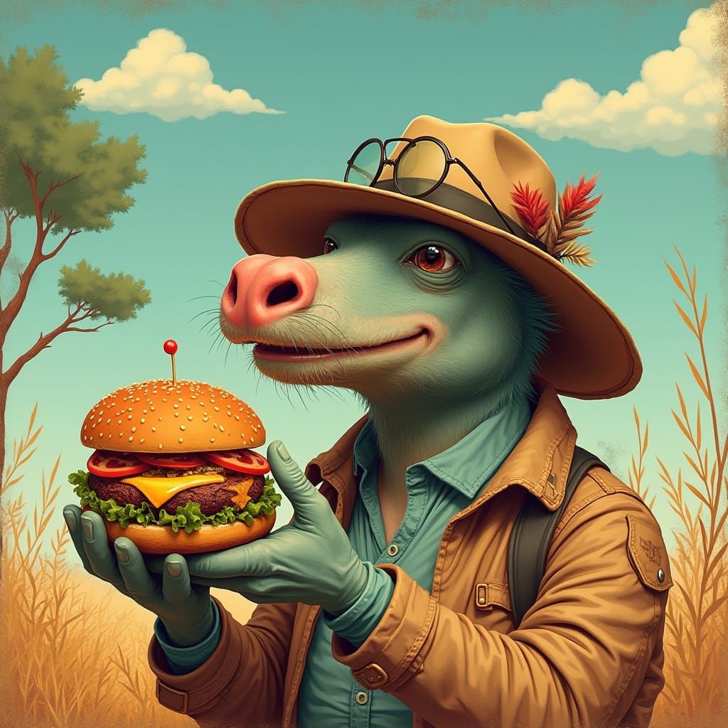 Papa Leon Savoring a Juicy Burger in a Vibrant Safari Settin...