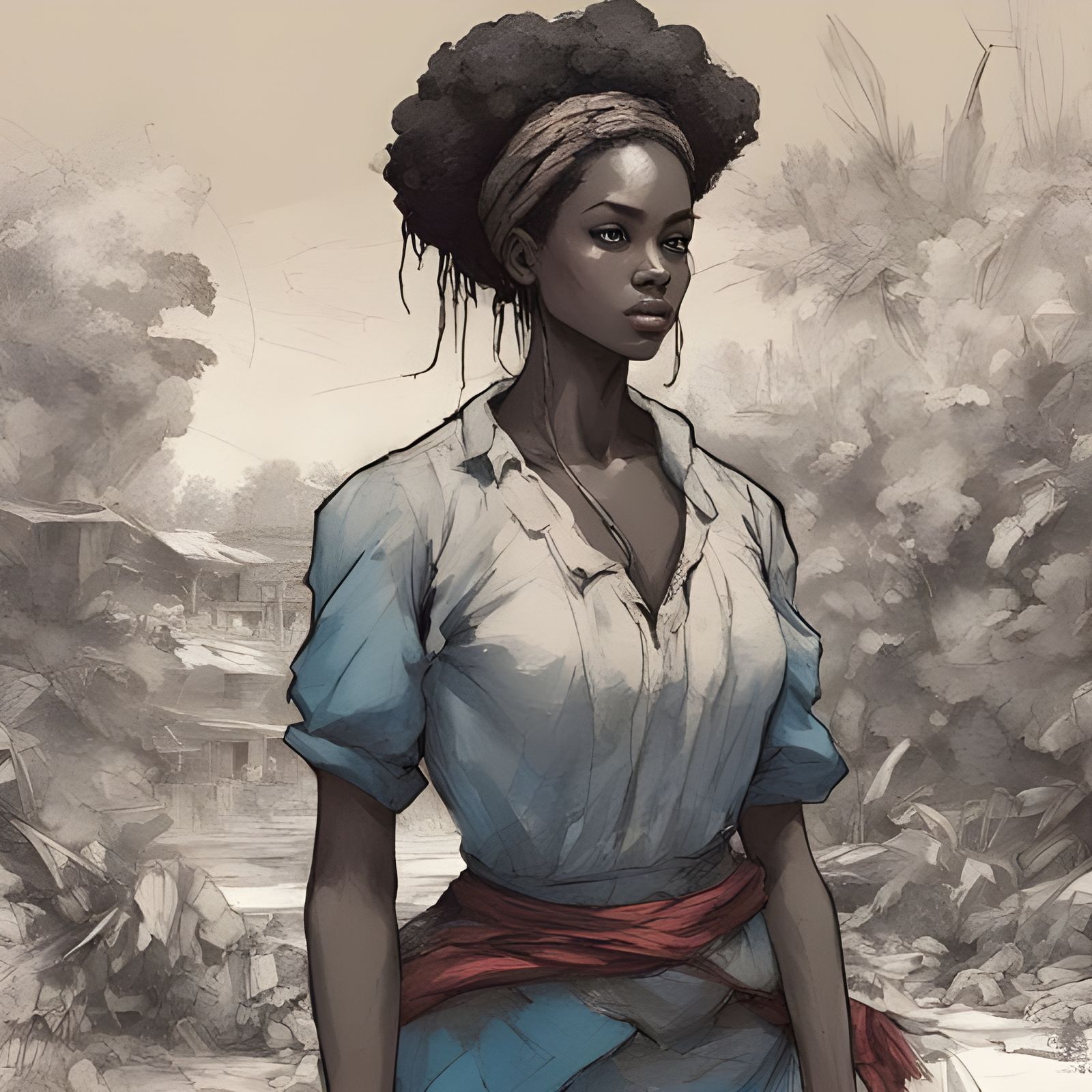 Beautiful Afro-American Girl Portrait in Ink Splash Art