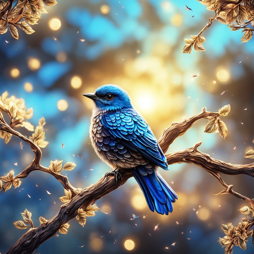 Crystalline Tree with Bluebirds in Vibrant Oil Painting