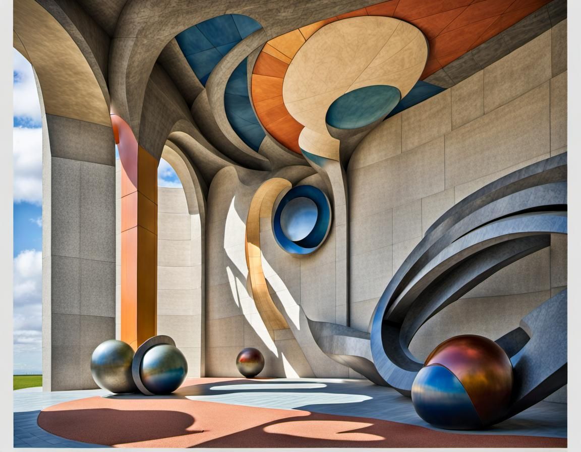 Futuristic Sculpture on Curved Wall in Art Deco Style