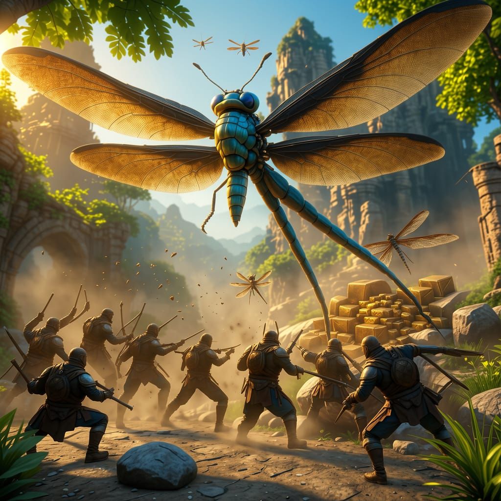 Adventurers Battle Giant Dragonfly in 3D Game Cinematic Styl...