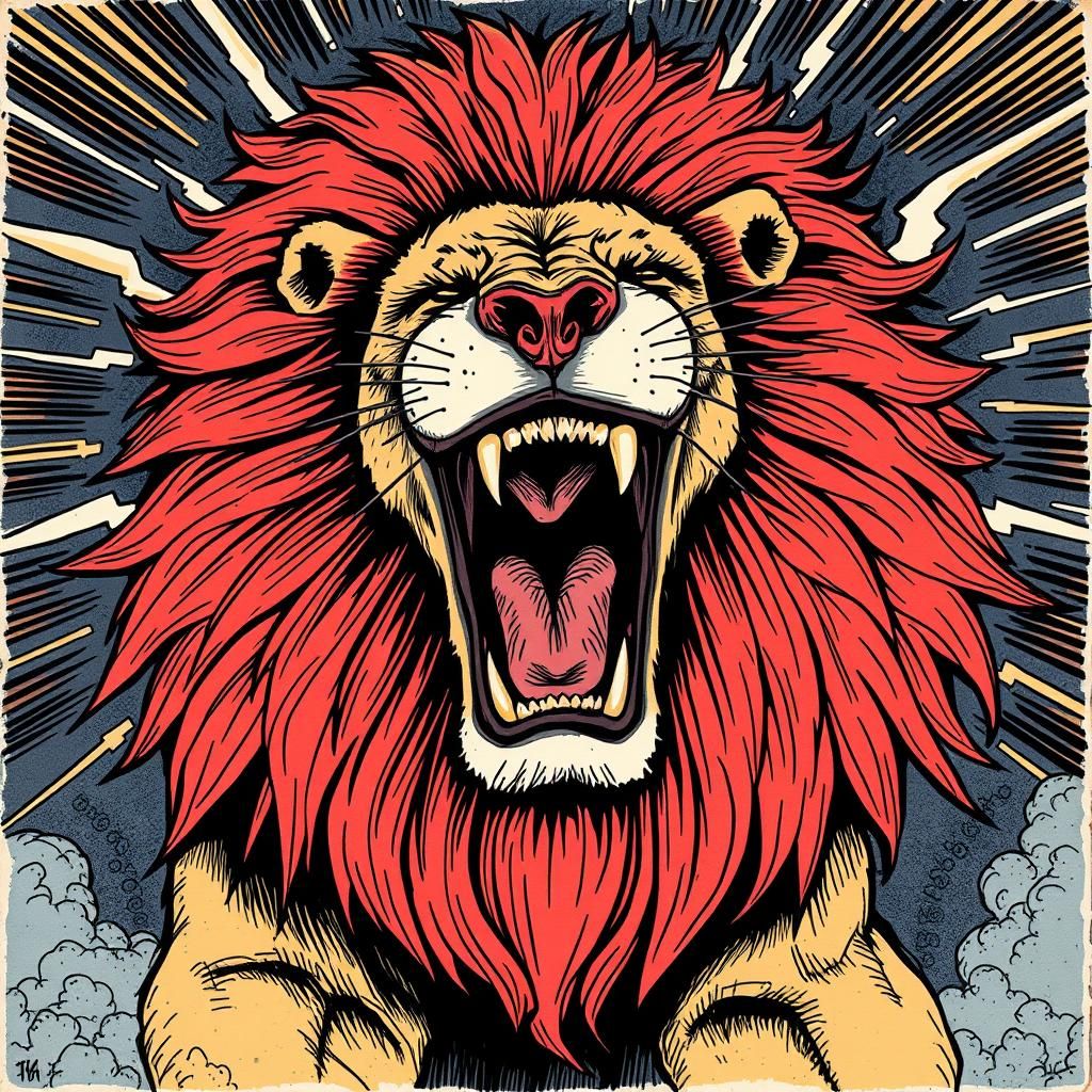Majestic Lion Roaring: Storybook Illustration Style