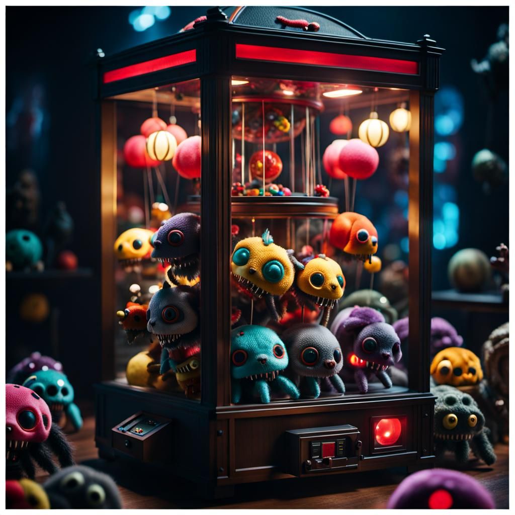 Macabre Claw Machine with Strange Creatures Inside
