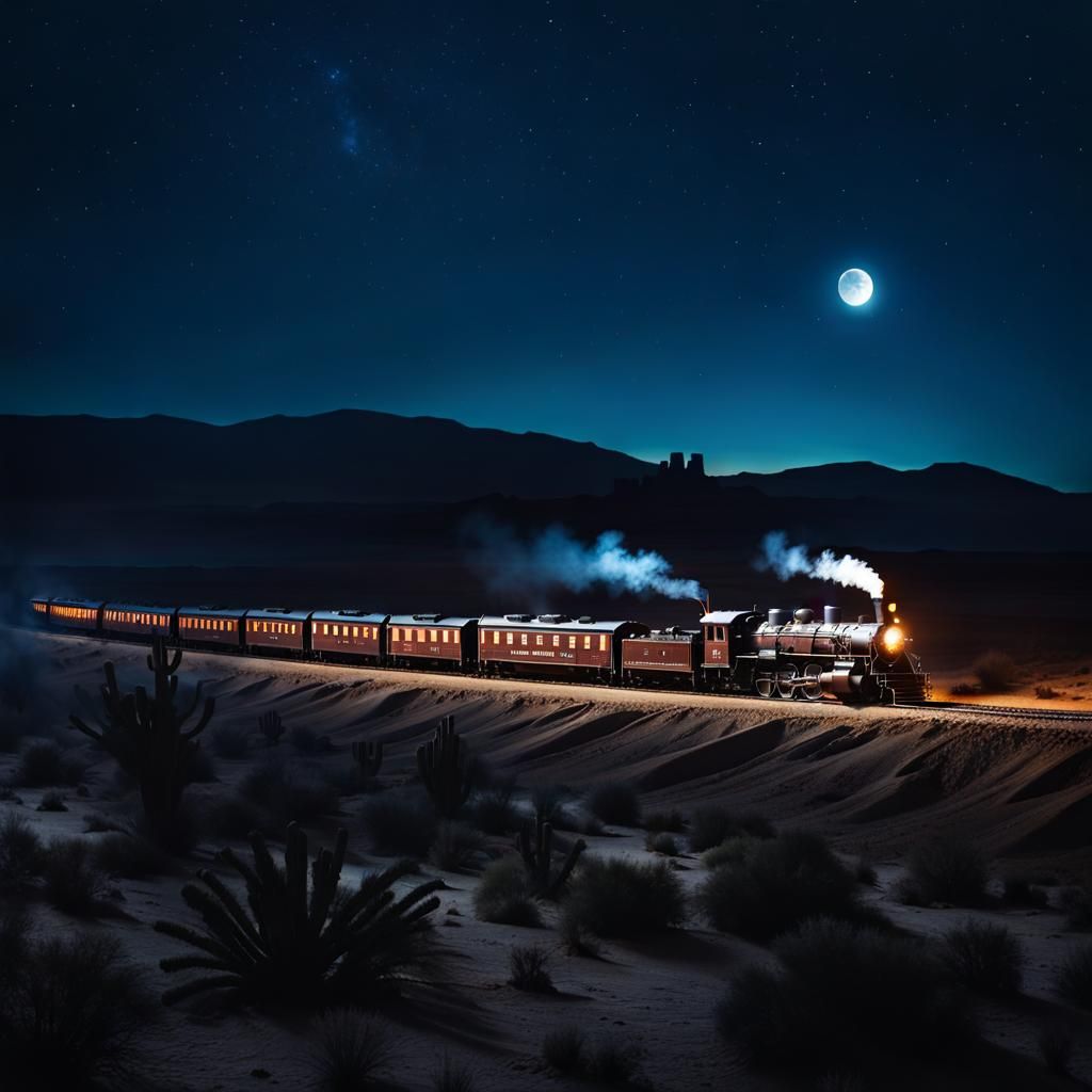 Smoking Train in Desert Night, Old West